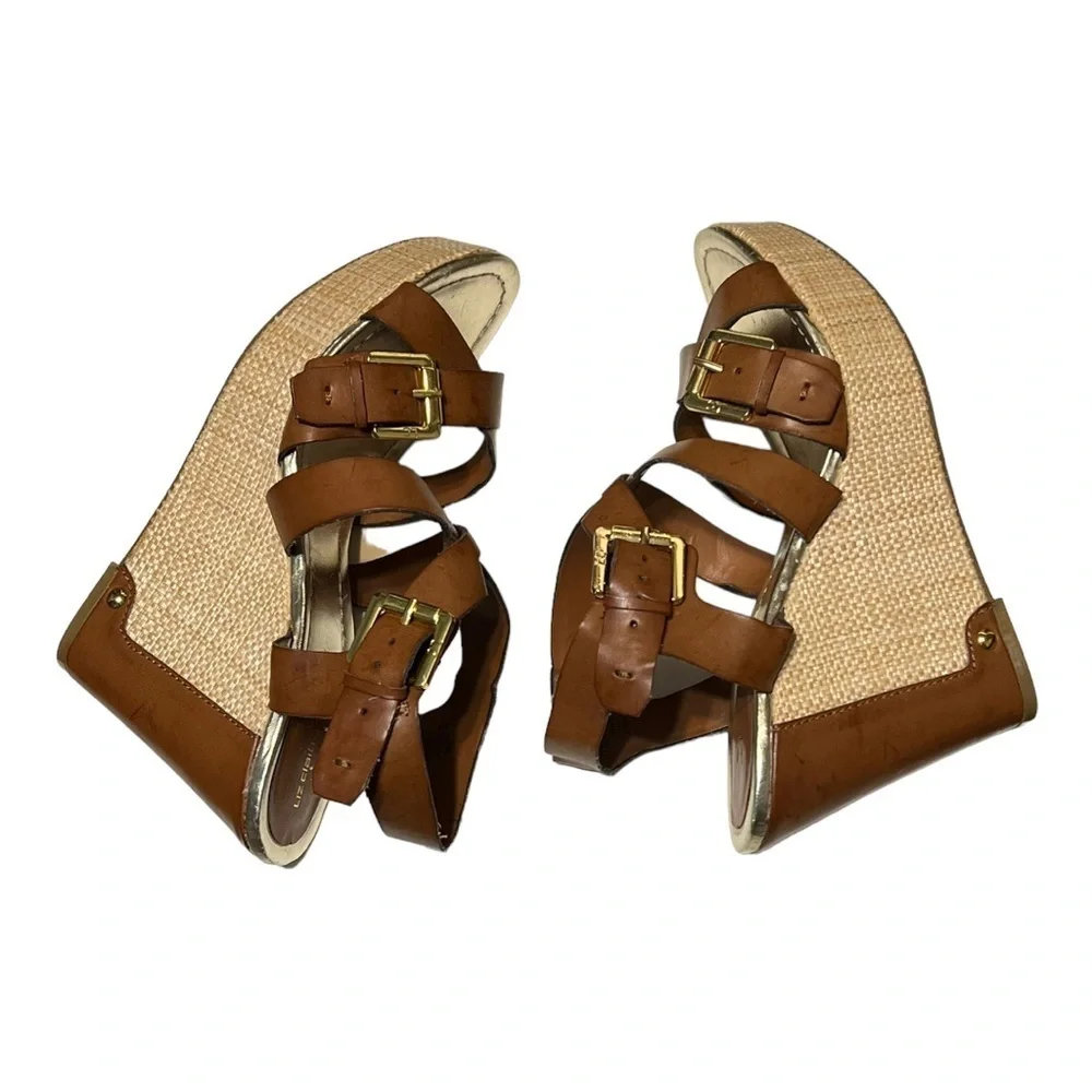 Liz Claiborne Woven Wedge Heel Faux Leather Crisscross Strap Platform Sandal 8.5